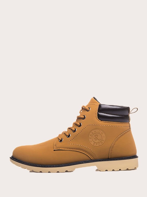 

Men Lace-up Letter Embossed Combat Boots, Brown