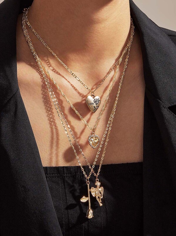 

1pc Heart & Flower Charm Layered Necklace, Gold