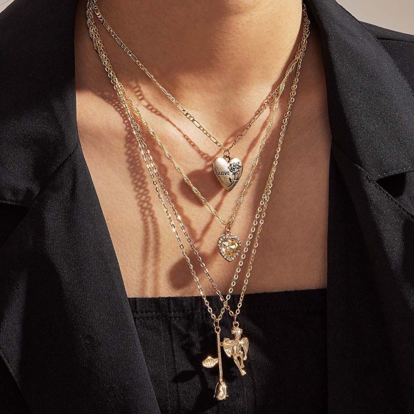 

1pc Heart & Flower Charm Layered Necklace, Gold