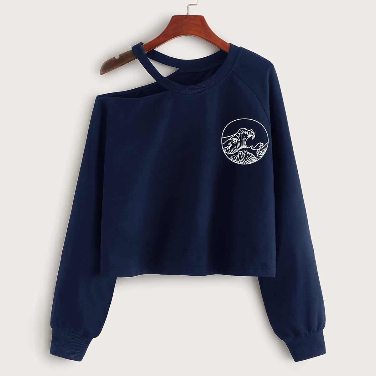

Graphic Print Asymmetrical Neck Sweatshirt, Navy blue