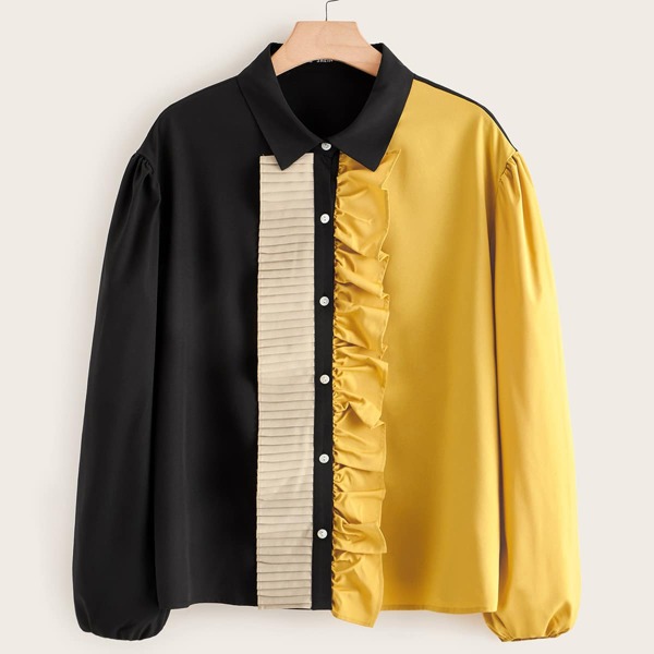 

Plus Two Tone Pleated Ruffle Trim Blouse, Multicolor