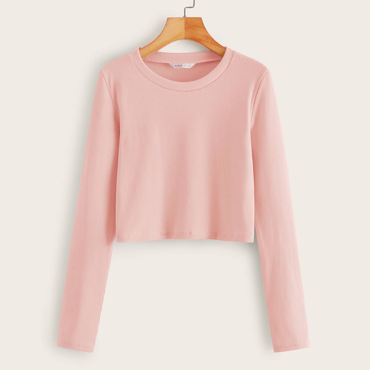 

Solid Long Sleeve Crop Ribbed Tee, Pink