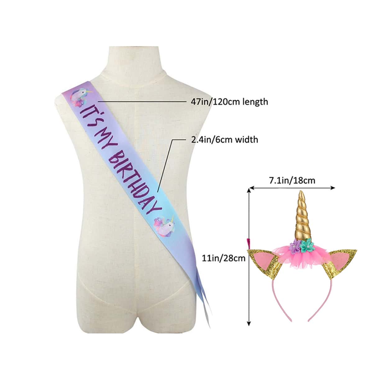 

2pcs Unicorn Headband & Birthday Ribbon Strap, Multicolor