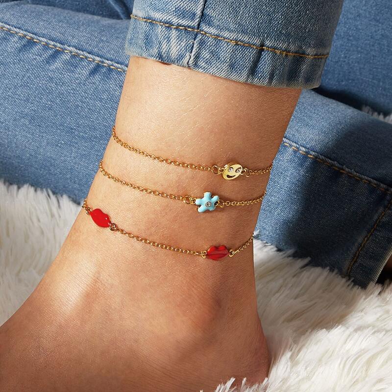 

3pcs Rhinestone Engraved Anklet, Multicolor