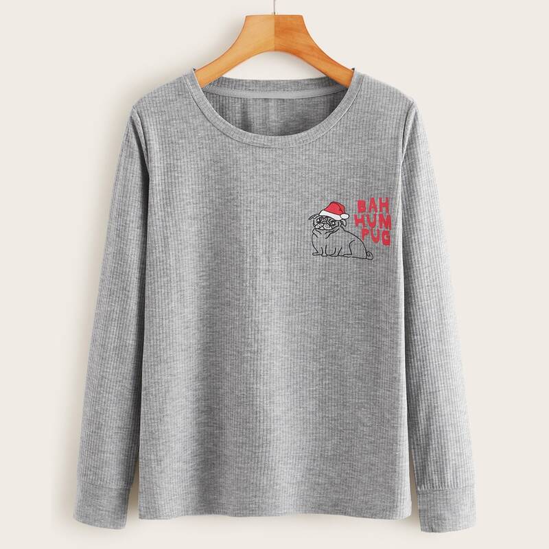 

Christmas Dog & Letter Graphic Ribbed Tee, Grey