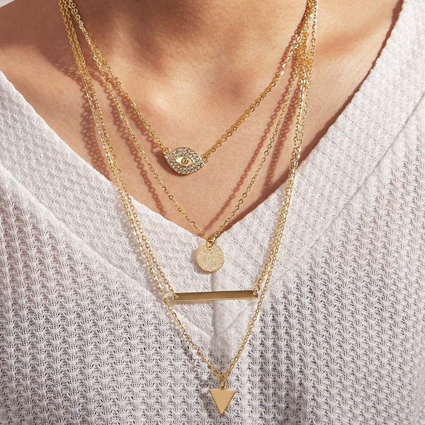 

1pc Rhinestone Decor Coin & Triangle Charm Layered Necklace, Gold