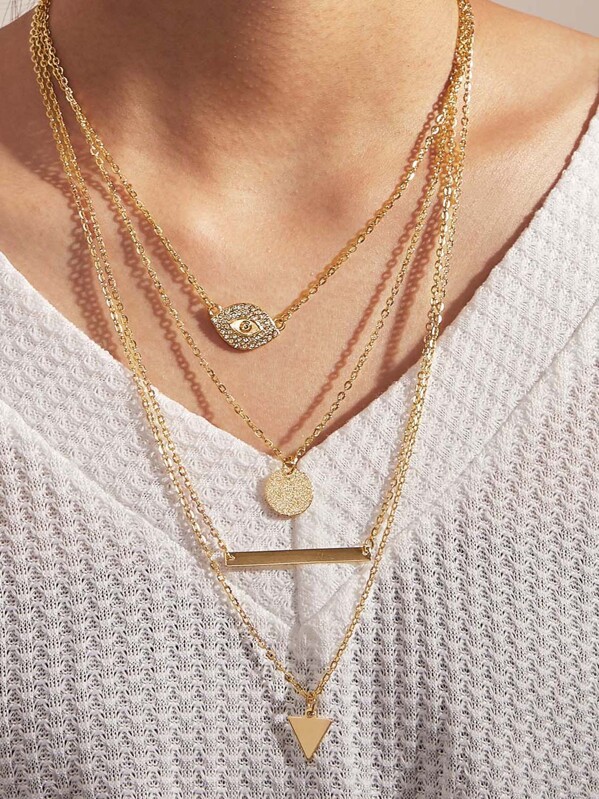 

1pc Rhinestone Decor Coin & Triangle Charm Layered Necklace, Gold