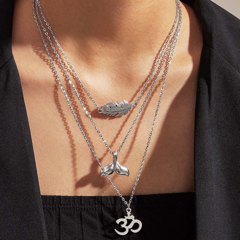 

1pc Leaf & Fish Charm Layered Necklace, Silver