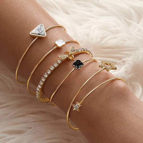 

5pcs Rhinestone & Star Decor Cuff Bracelet, Multicolor