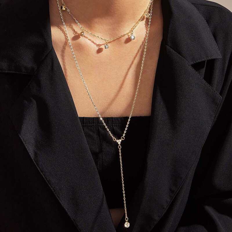 

1pc Rhinestone Decor Layered Necklace, Gold