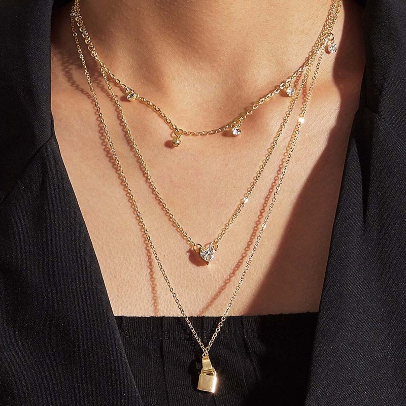 

1pc Rhinestone Decor Lock Charm Layered Necklace, Gold