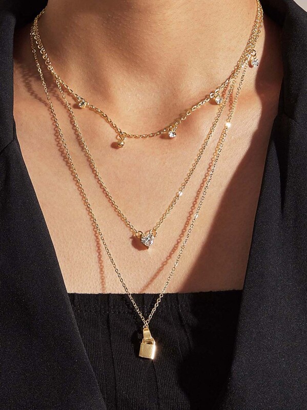 

1pc Rhinestone Decor Lock Charm Layered Necklace, Gold