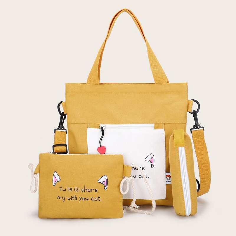 

3pcs Letter Graphic Tote Bag With Pencil Case, Yellow