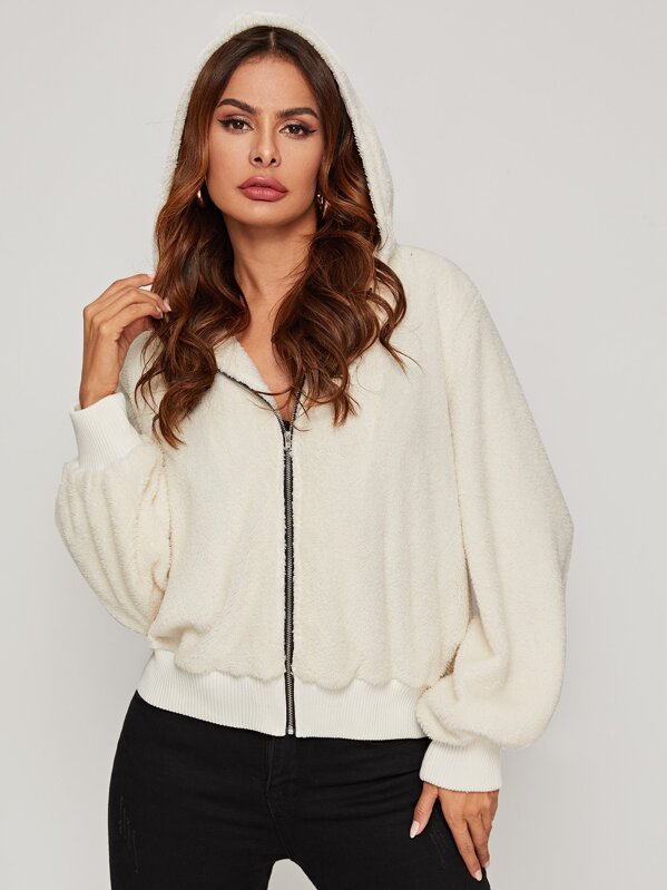 

Solid Zip-up Hooded Teddy Jacket, Beige, Andy