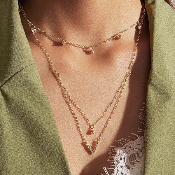 

1pc Rhinestone Decor Layered Necklace, Gold