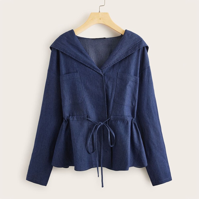 

Pocket Front Drawstring Waist Hooded Denim Jacket, Navy