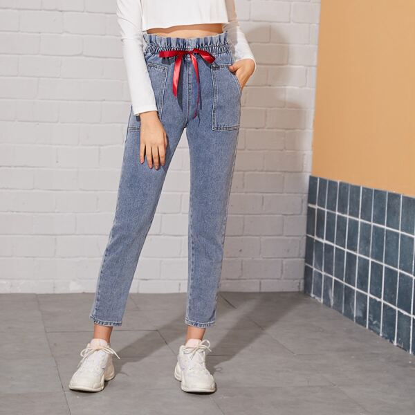 

Paperbag Waist Knot Front Solid Jeans, Blue