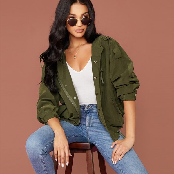 

Drop Shoulder Zipper Up Drawstring Hoodie Jacket, Army green