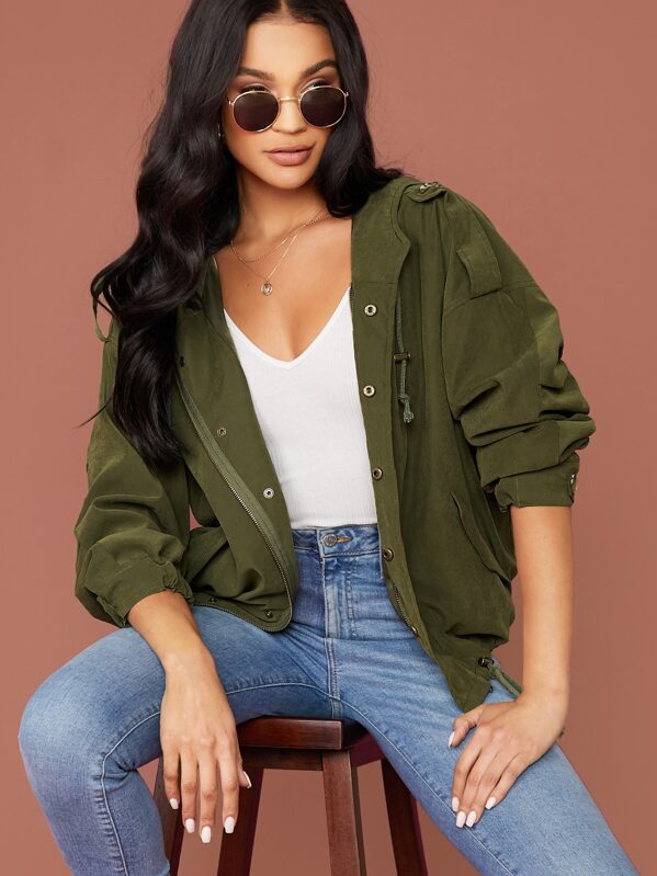 

Drop Shoulder Zipper Up Drawstring Hoodie Jacket, Army green, Juliette