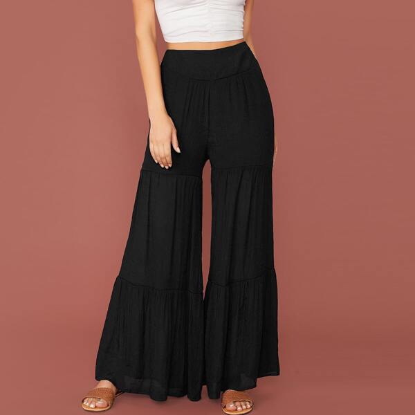 

Solid Wide Leg Flounce Hem Pants, Black