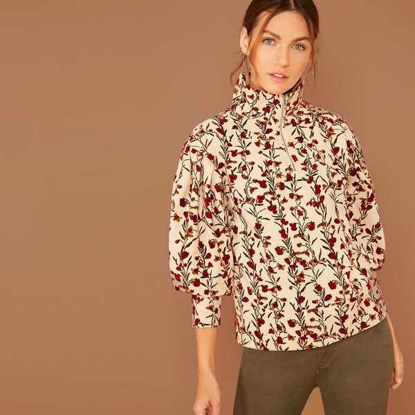 

Half Zipper Funnel Neck Lantern Sleeve Floral Corduroy Pullover, Multicolor