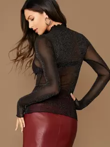 SHEIN BAE Lettuce Edge Glitter Mesh Top Without Bra - Black - View 2