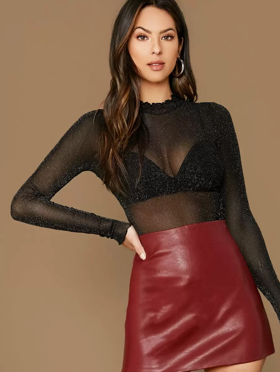 SHEIN BAE Lettuce Edge Glitter Mesh Top Without Bra - Black - View 1