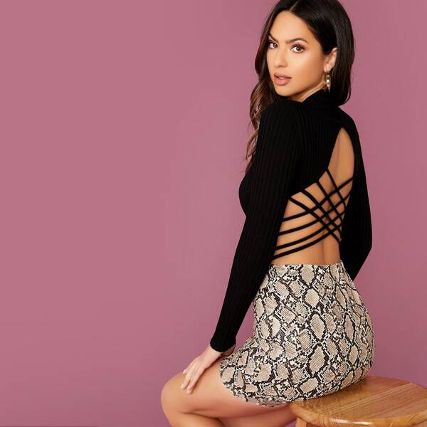 

Mock Neck Rib Knit Strappy Long Sleeve Bodysuit