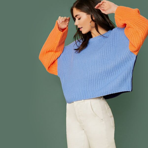 

Crew Neck Colorblock Drop Shoulder Sweater