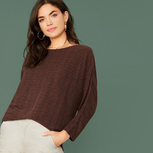 

Boat Neck Rib Knit Dolman Sleeve Tunic Top, Brown