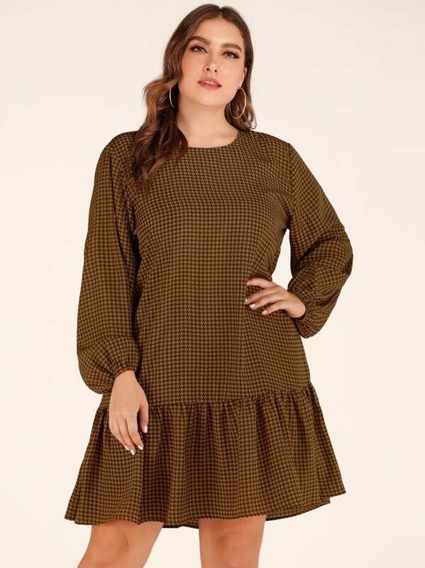 

Plus Houndstooth Print Ruffle Hem Smock Dress, Brown, Franziska