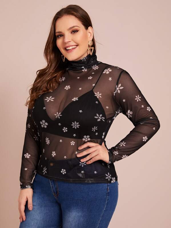 

Plus Floral Print Sheer Mesh Top, Black, Ella