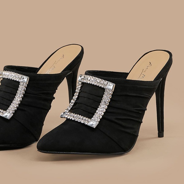 

Pointed Toe Rhinestone Buckle Stiletto Heel Mules, Black