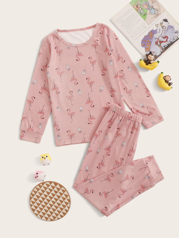 

Girls Flamingo Print PJ Set, Pink