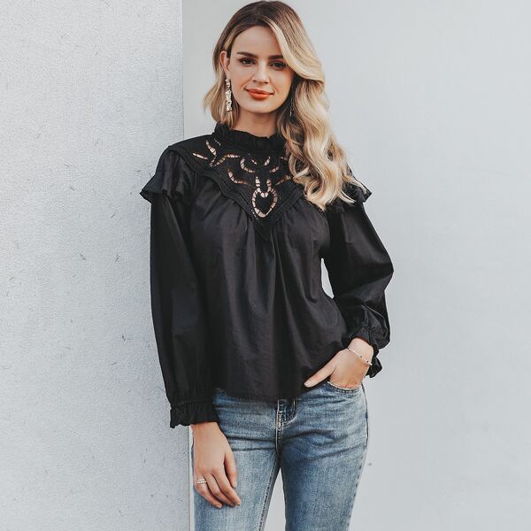 

Lace Yoke Ruffle Detail Top, Black