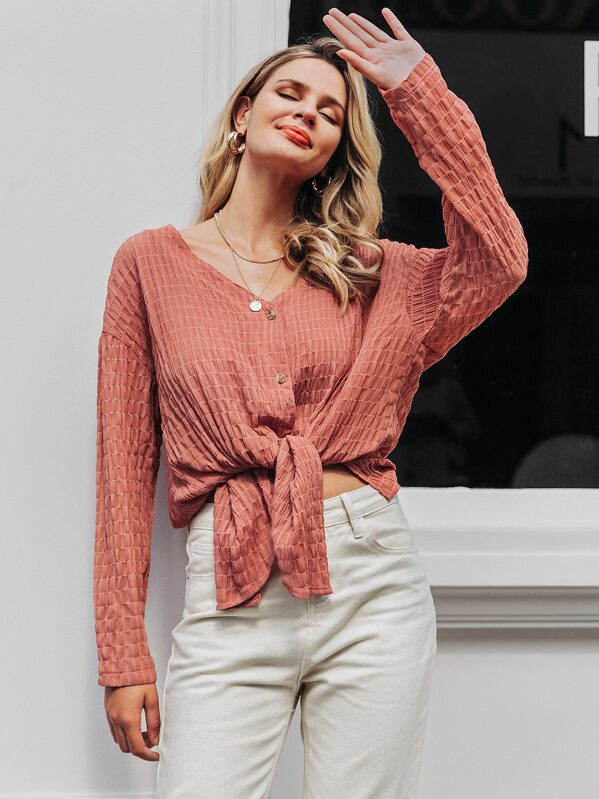 

Simplee Button Up Knot Hem Textured Top, Orange