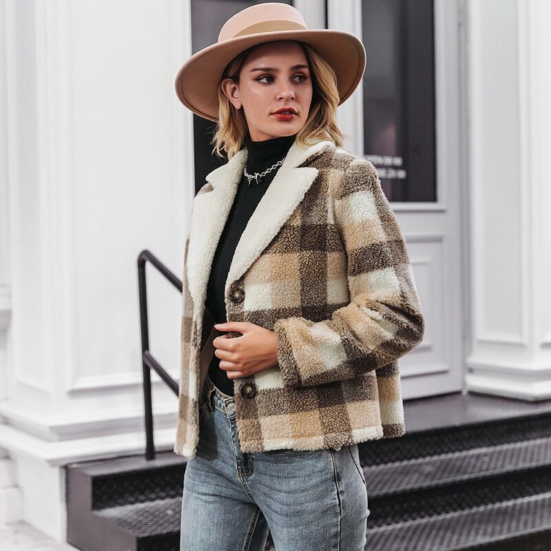 

Simplee Solid Collar Button Up Plaid Teddy Jacket, Multicolor