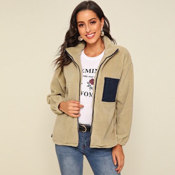 

Color-Block Zip Up Teddy Jacket, Khaki