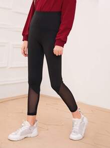 SHEIN Girls Mesh Panel Leggings - Black - View 1