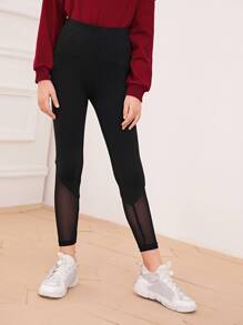 SHEIN Girls Mesh Panel Leggings - Black - View 3