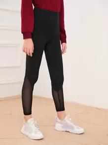 SHEIN Girls Mesh Panel Leggings - Black - View 5