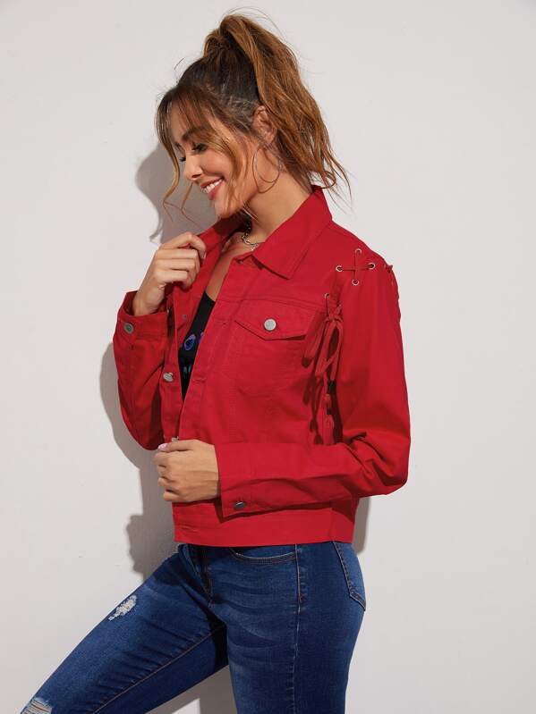 

Lace Up Button Front Denim Jacket, Red, Katya O