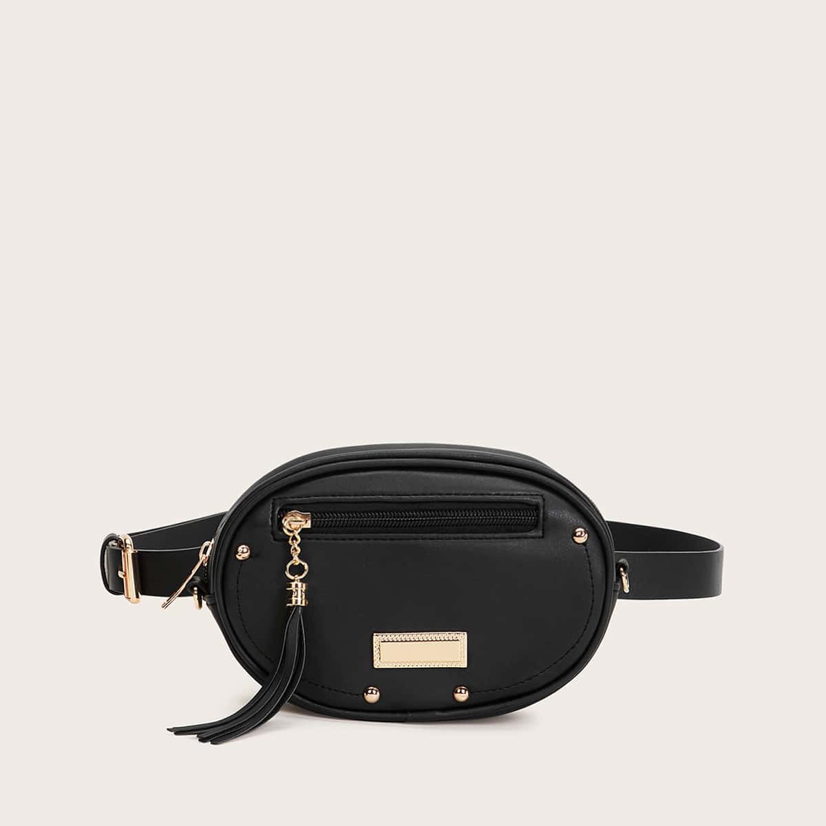 

Tassel Decor Front Zip Fanny Pack, Black
