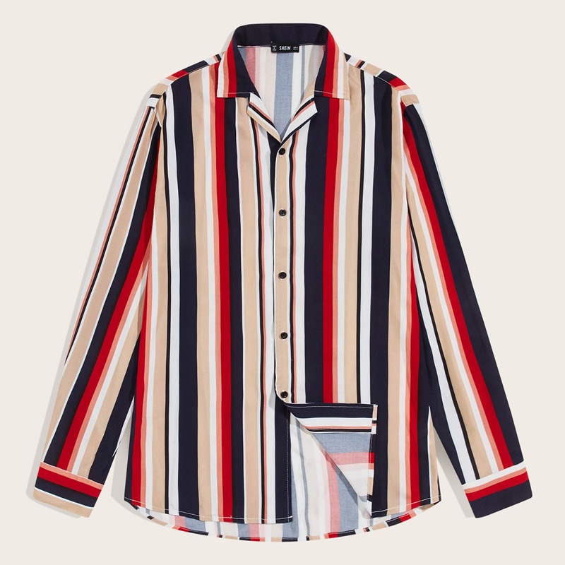 

Guys Revere Collar Curved Hem Striped Shirt, Multicolor