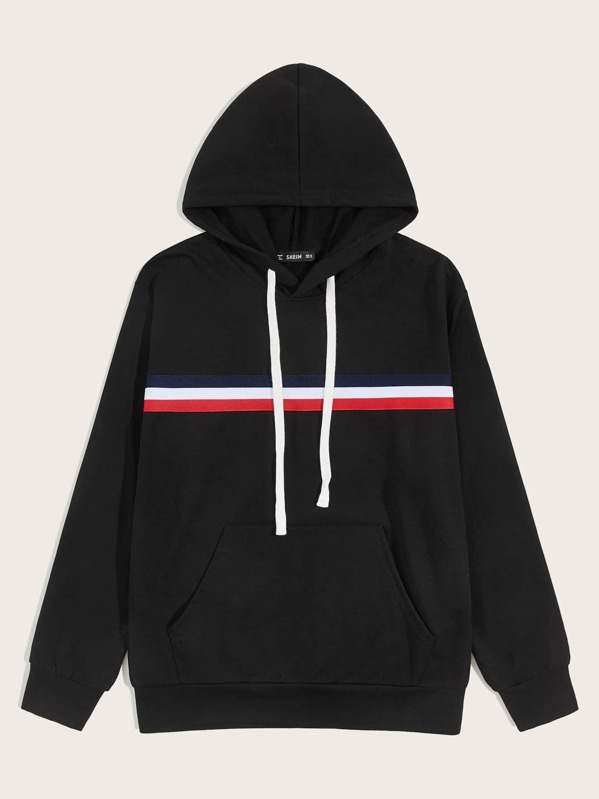 

Men Contrast Striped Tape Hoodie, Black