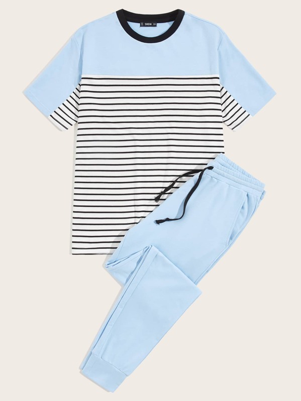 

Men Striped Colorblock Tee & Drawstring Sweatpants Set, Multicolor