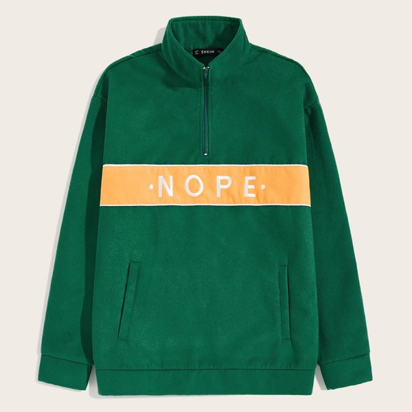 

Men Zip Half Placket Letter Embroidery Jacket, Green bright