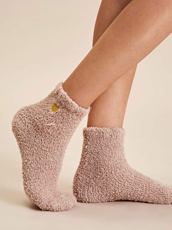 

1pair Heart Embroidery Fluffy Socks, Pink