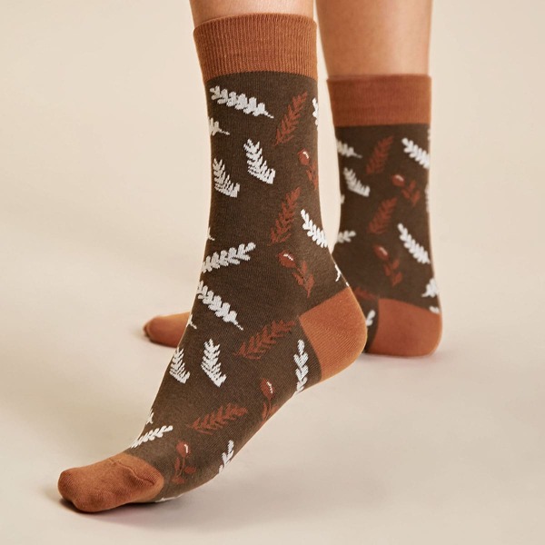 

1pair Leaf Pattern Socks, Multicolor