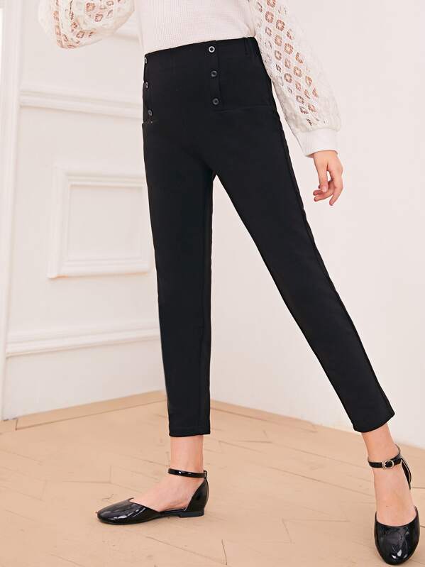 

Girls Double Button High Waist Pants, Black, Sashab